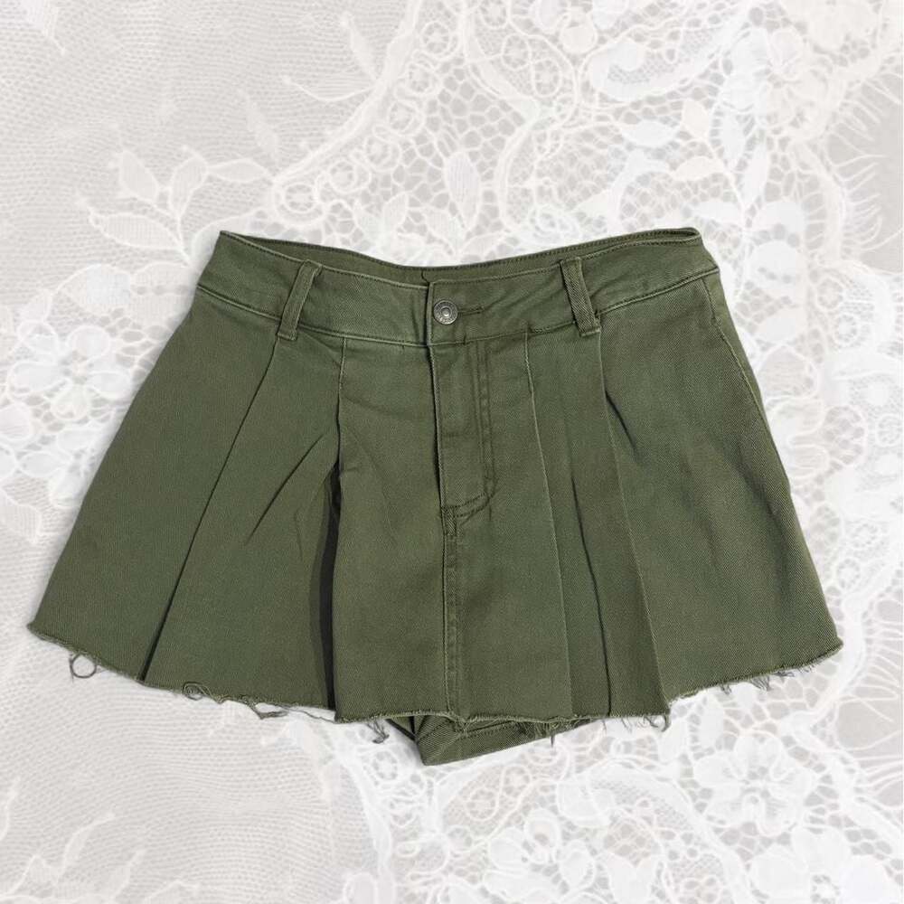 Forever 21 Olive Green Pleated Denim Mini Skort Small